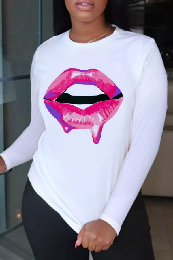 Rose Red Fashion Casual Lips Printed Basic O Neck T-Shirts