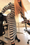 Black And White Sexy Plaid Patchwork O Neck Pencil Skirt Dresses