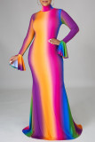 Multicolor Casual Elegant Print Patchwork Turtleneck Long Sleeve Dresses