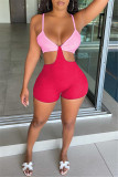Red Fashion Sexy Patchwork Backless Spaghetti Strap Skinny Romper