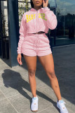 Pink Fashion Casual Letter Print Zipper Hooded Collar Long Sleeve Two Pieces