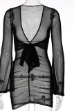 Black Sexy Solid Mesh V Neck Pencil Skirt Dresses