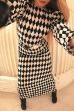 Black And White Sexy Plaid Patchwork O Neck Pencil Skirt Dresses