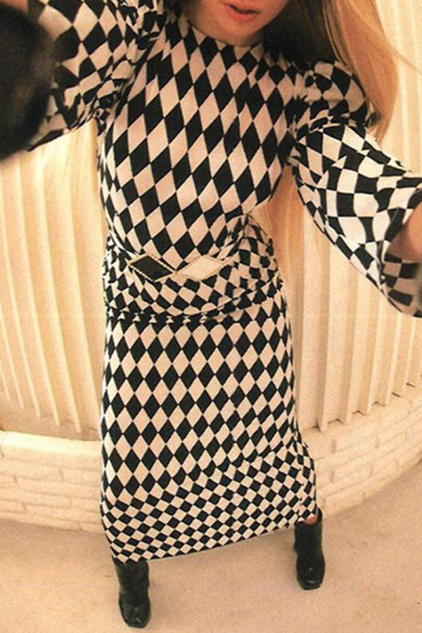 Black And White Sexy Plaid Patchwork O Neck Pencil Skirt Dresses