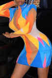 Yellow Sexy Print Patchwork Half A Turtleneck Pencil Skirt Dresses