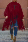 Burgundy Fashion Casual Print Tassel Turtleneck Tops