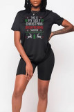 Black Casual Party Print Patchwork Letter O Neck T-Shirts