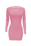 Pink Sexy Casual Solid Hollowed Out O Neck Long Sleeve Dresses