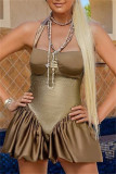 Gold Fashion Sexy Solid Bandage Backless Halter Regular Romper