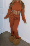 Brown Fashion Casual Solid Basic Hooded Collar Long Sleeve Two Pieces