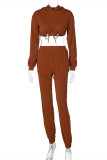 Brown Fashion Casual Solid Basic Hooded Collar Long Sleeve Two Pieces