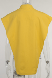 Yellow Casual Solid Split Joint Turndown Collar Tops