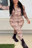 Multicolor Fashion Casual Print Basic Half A Turtleneck Regular Jumpsuits