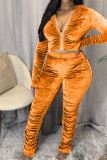 Orange Fashion Sexy Adult Pleuche Solid Fold Hooded Collar Long Sleeve Regular Sleeve Regular Two Pieces
