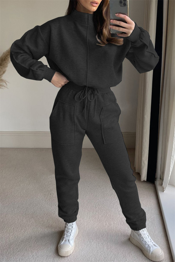Black Fashion Casual Solid Patchwork Turtleneck Long Sleeve Two Pieces