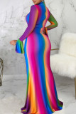 Multicolor Casual Elegant Print Patchwork Turtleneck Long Sleeve Dresses