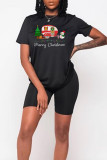 Black Party Cute Print Patchwork Letter O Neck T-Shirts