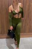 Green Sexy Casual Solid Hollowed Out Backless Halter Long Sleeve Two Pieces