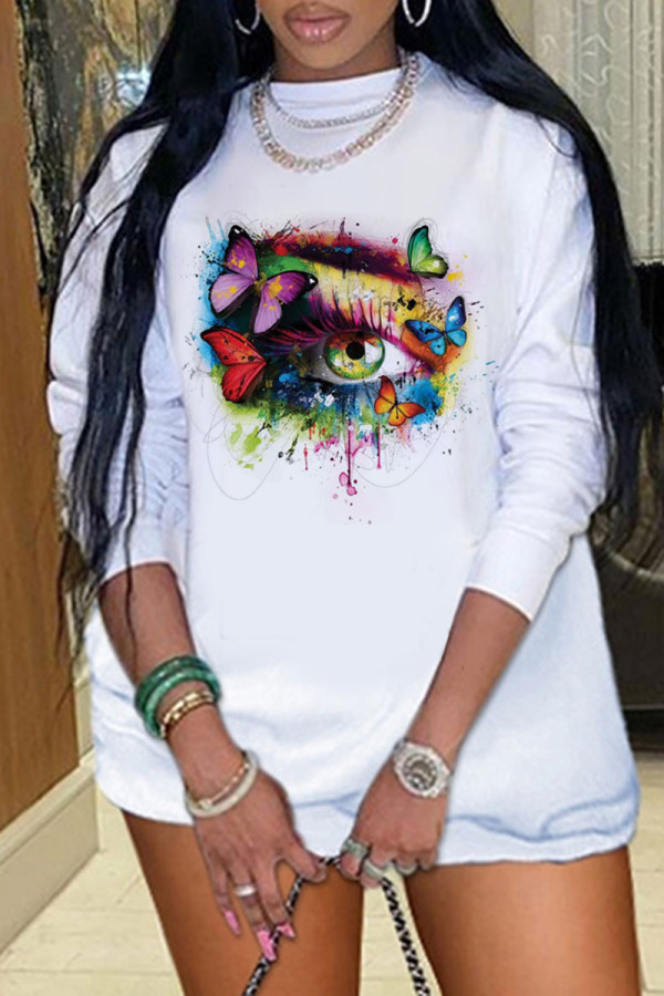 Multicolor Fashion Casual Lips Printed Basic O Neck Long Sleeve Dresses