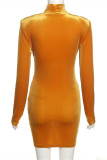 Yellow Fashion Casual Solid Asymmetrical Half A Turtleneck Long Sleeve Dresses