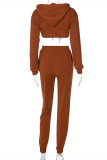 Brown Fashion Casual Solid Basic Hooded Collar Long Sleeve Two Pieces