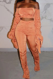 Tangerine Sexy Solid Patchwork Fold Off the Shoulder Long Sleeve Two Pieces