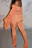 Tangerine Sexy Solid Patchwork Fold Off the Shoulder Long Sleeve Two Pieces