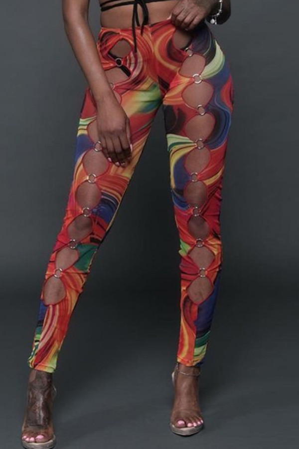 Burgundy Fashion Sexy Print Hollowed Out Skinny High Waist Pencil Trousers