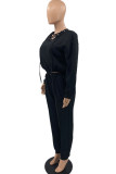 Blue Casual Solid Patchwork Frenulum V Neck Long Sleeve Two Pieces