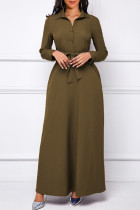 Army Green Fashion Casual Solid Basic Turndown Collar Long Sleeve Dresses