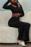 Black Fashion Sexy Solid Hollowed Out O Neck Long Sleeve Two Pieces