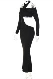Black Fashion Sexy Solid Hollowed Out O Neck Long Sleeve Two Pieces
