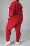 Red Fashion Casual Solid Basic Hooded Collar Plus Size Two Pieces