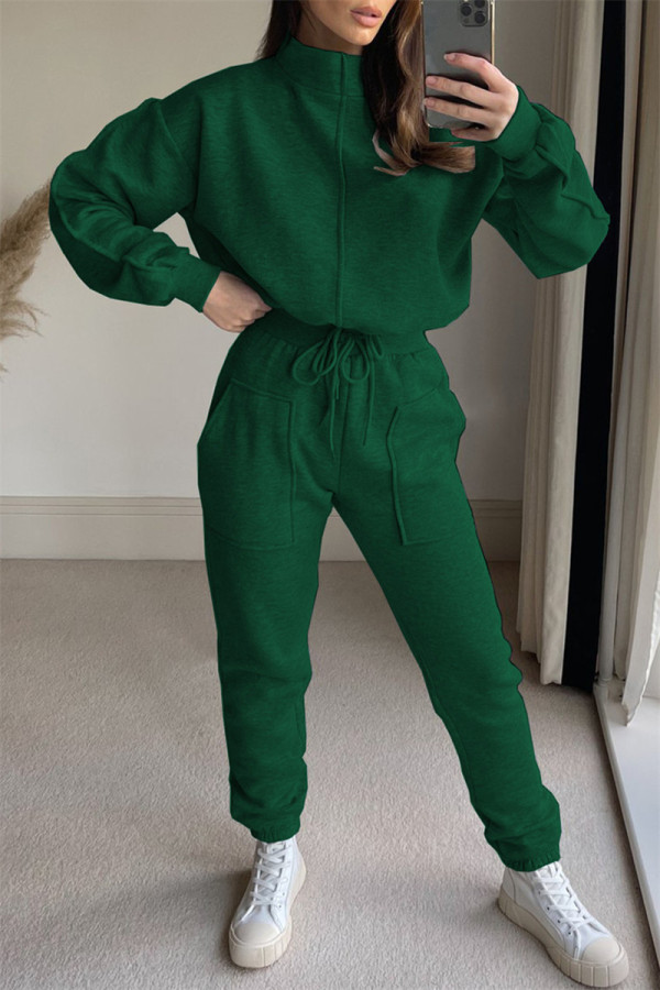 Green Fashion Casual Solid Patchwork Turtleneck Long Sleeve Two Pieces