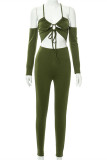 Green Sexy Casual Solid Hollowed Out Backless Halter Long Sleeve Two Pieces
