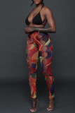 Burgundy Fashion Sexy Print Hollowed Out Skinny High Waist Pencil Trousers