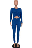 Blue Sexy Solid Hollowed Out Patchwork Fold O Neck Regular Jumpsuits
