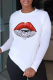 Rose Red Fashion Casual Lips Printed Basic O Neck T-Shirts
