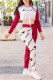 Red White Fashion Casual Print Patchwork O Neck Long Sleeve Two Pieces