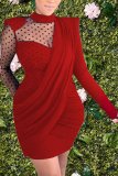 Wine Red Fashion Casual Adult Twilled Satin Patchwork Solid Patchwork O Neck Long Sleeve Mini Long Sleeve Dress Dresses