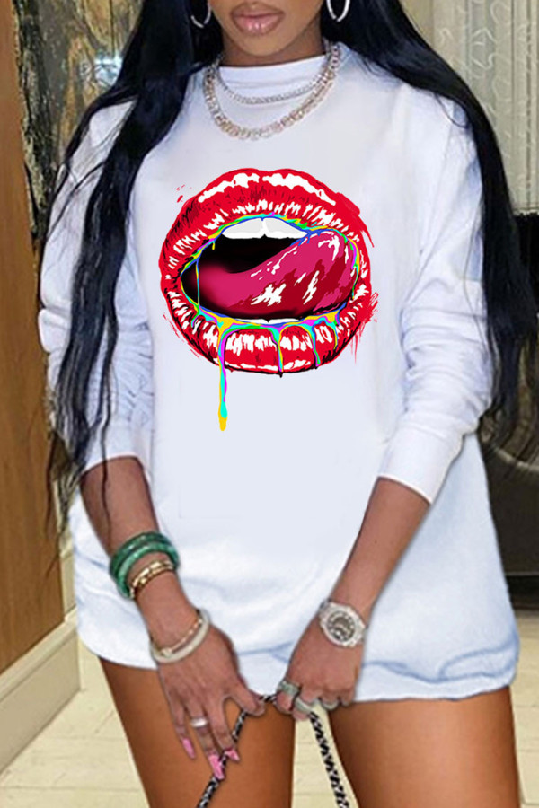 Red Fashion Casual Lips Printed Basic O Neck Long Sleeve Dresses