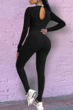 Blue Sexy Solid Hollowed Out Patchwork Fold O Neck Regular Jumpsuits