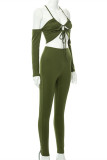 Green Sexy Casual Solid Hollowed Out Backless Halter Long Sleeve Two Pieces