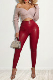 Red Fashion Casual Solid Skinny High Waist Trousers
