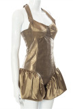 Gold Fashion Sexy Solid Bandage Backless Halter Regular Romper