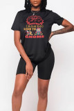 Black Party Cute Print Patchwork Letter O Neck T-Shirts