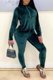 Green Fashion Casual Solid Basic Zipper Collar Long Sleeve Two Pieces