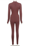 Brown Sexy Casual Solid Hollowed Out Half A Turtleneck Skinny Jumpsuits