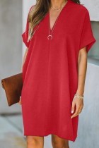 Red Casual Solid Patchwork V Neck Straight Dresses