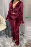 Wine Red Fashion Sexy Adult Pleuche Solid Fold Hooded Collar Long Sleeve Regular Sleeve Regular Two Pieces